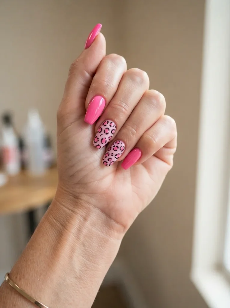 Pink Leopard Print Acrylic Nails