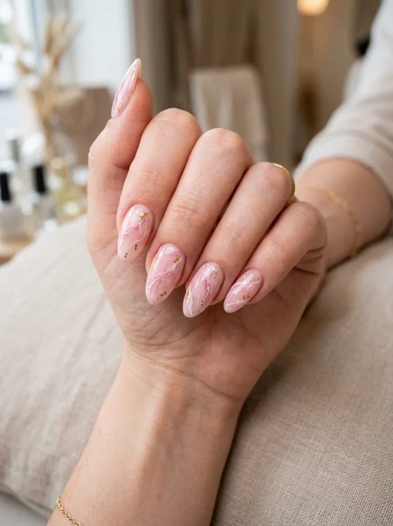 Pink Marble Almond Nails