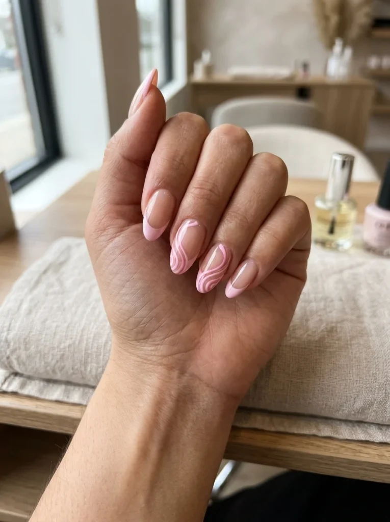Pink Swirl French Tip Nails