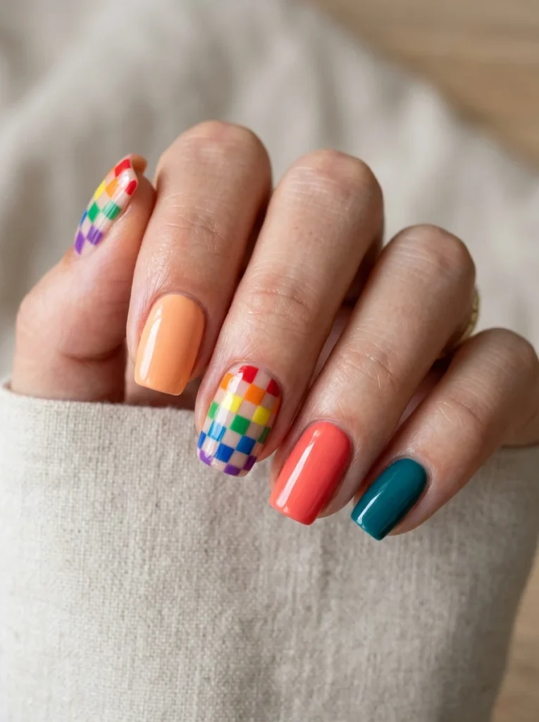 Rainbow Checkerboard Nails