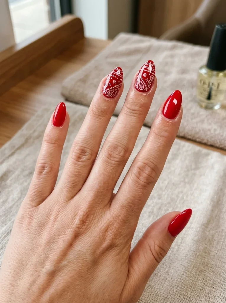 Red Bandana Print Nails