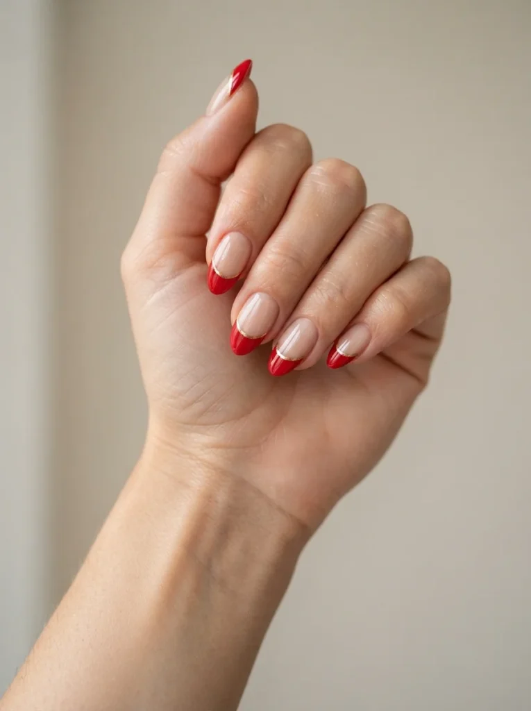 Red French Tips With Gold Accents