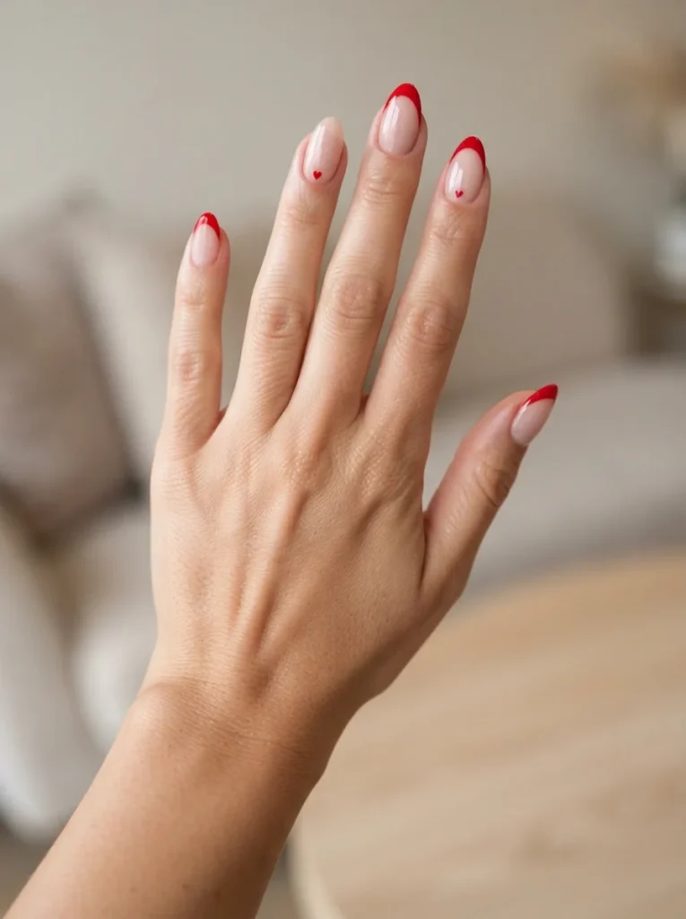 Red French Tips With Tiny Hearts
