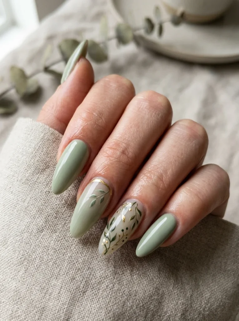 Sage Green Botanical Nails