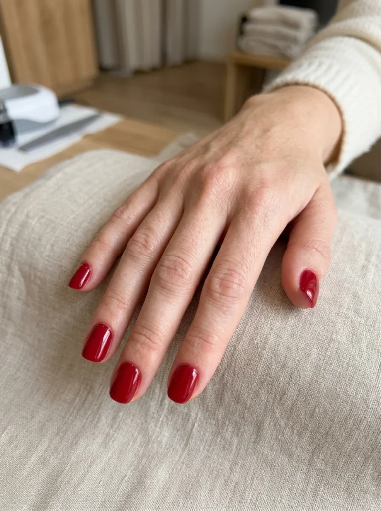 Short Red Nails with a Glossy Finish