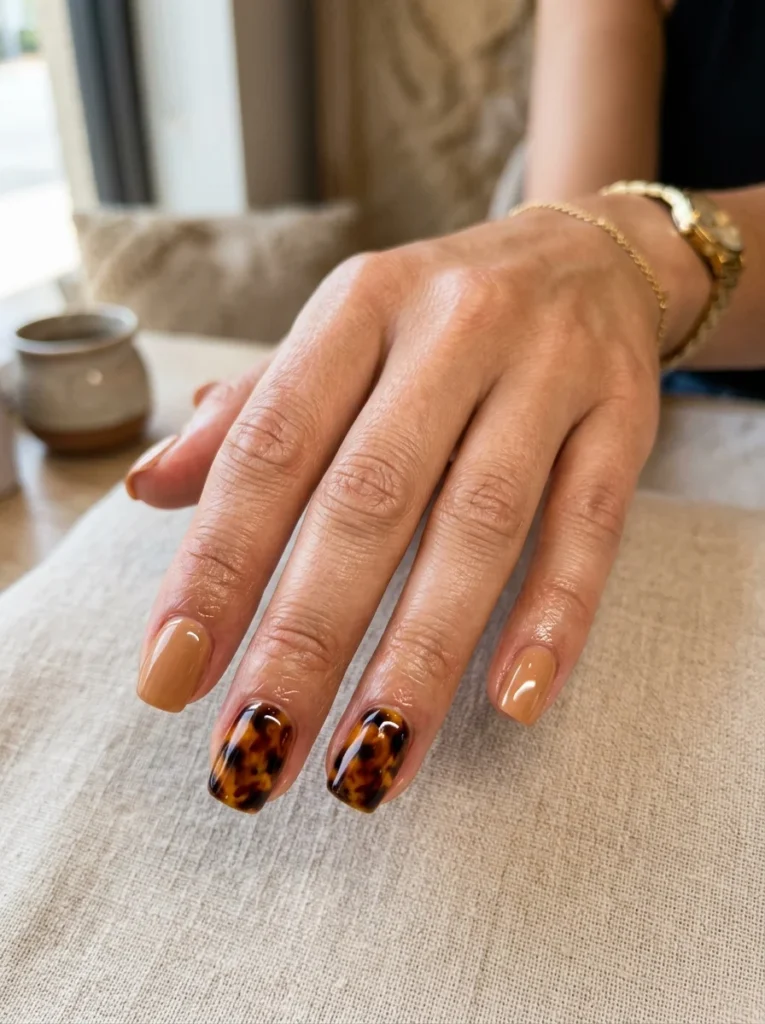 Short Tortoiseshell Accent Nails