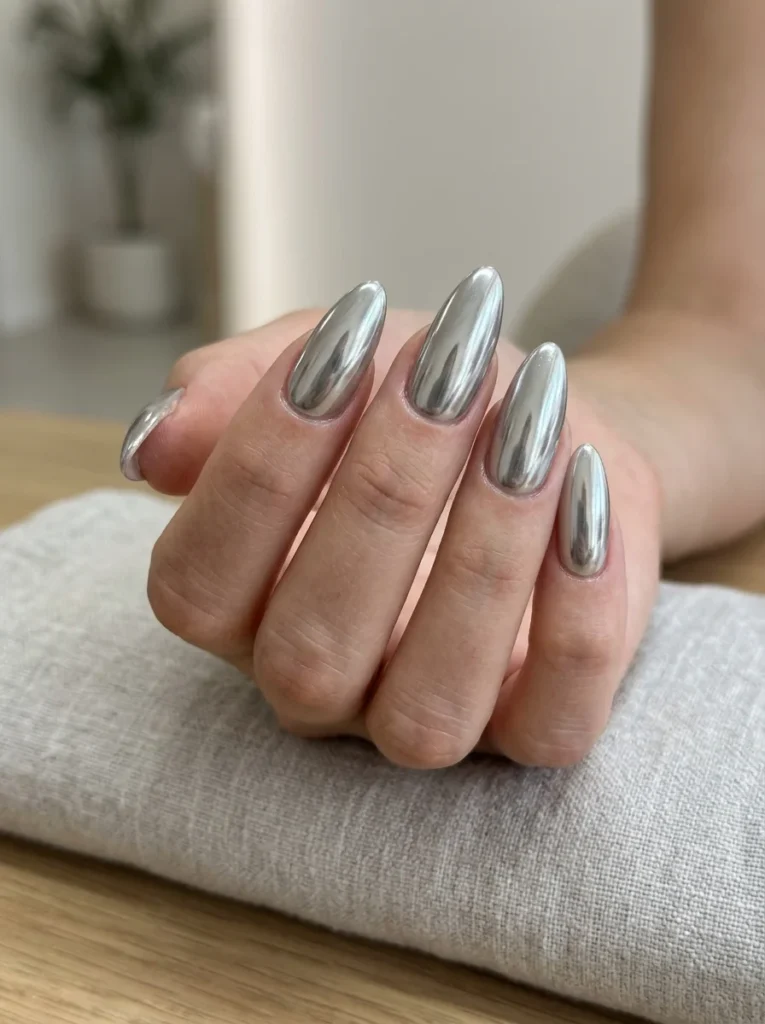 Silver Chrome Almond Nails