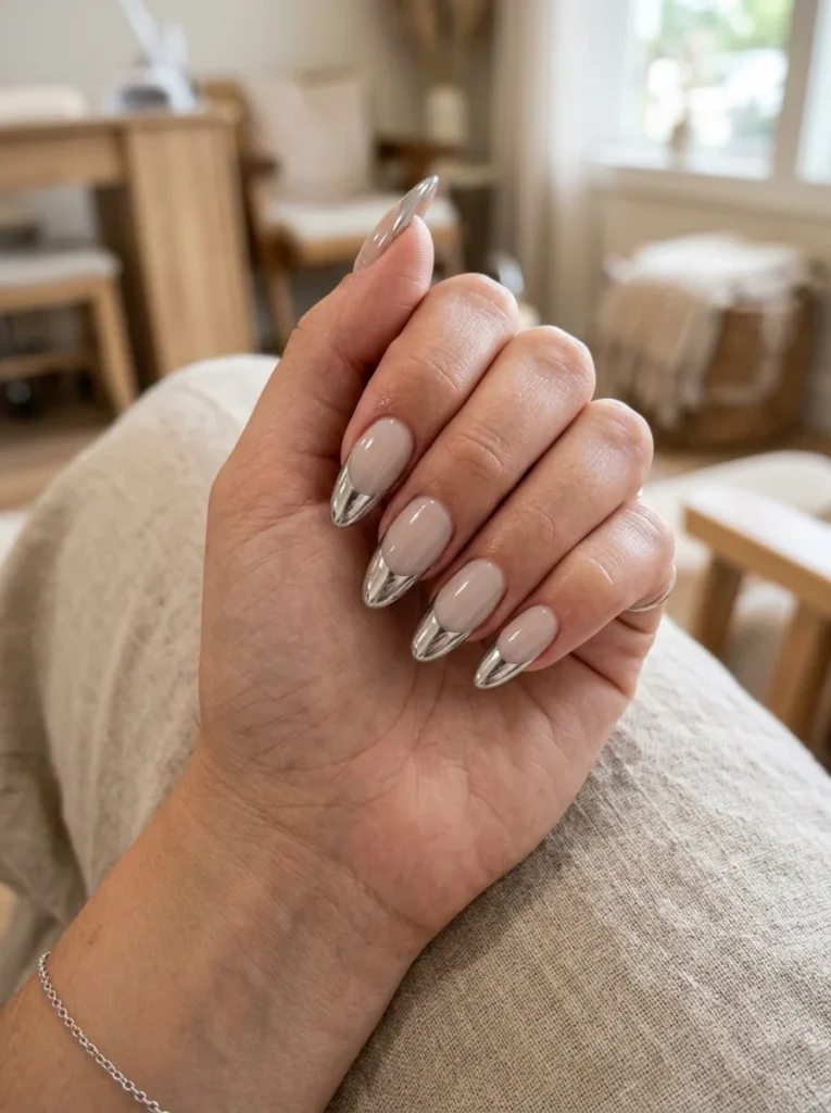 Silver Chrome French Tip Almond Nails