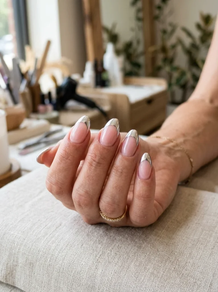 Silver Chrome French Tip Nails