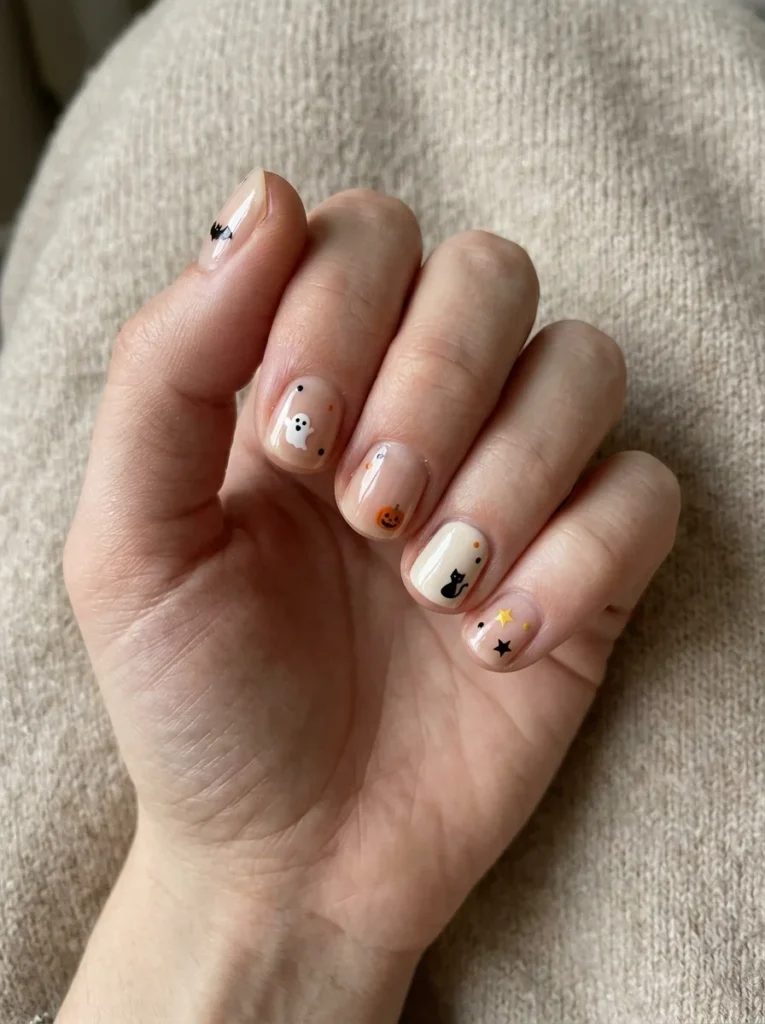 Tiny Halloween Stickers on Short Nails