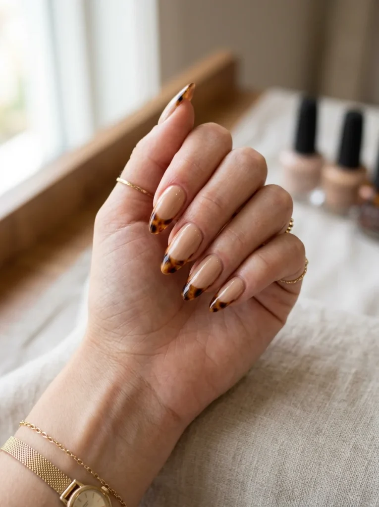 Tortoiseshell French Tip Almond Nails
