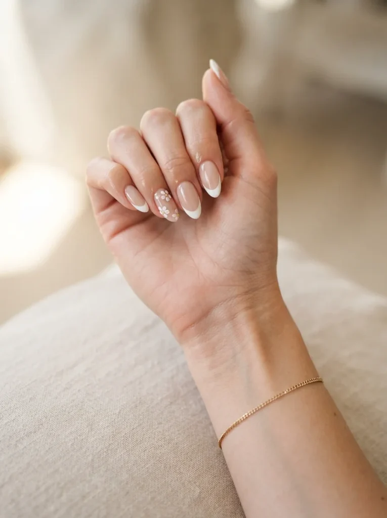 White French Tips With Tiny Flowers