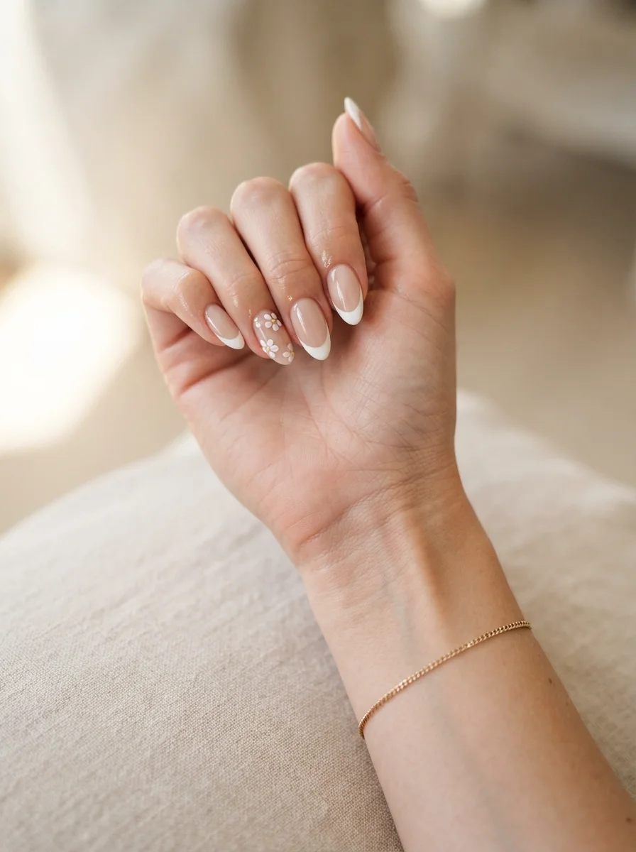 White French Tips With Tiny Flowers