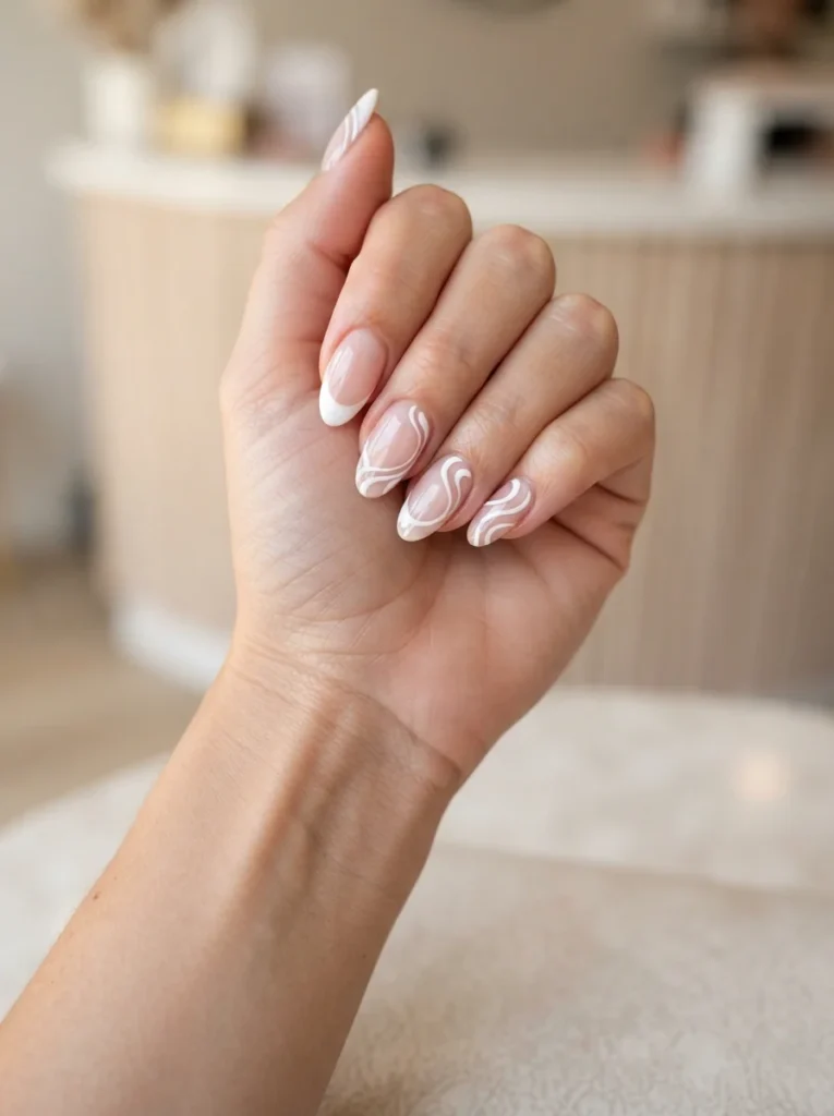 White Swirl French Tip Nails