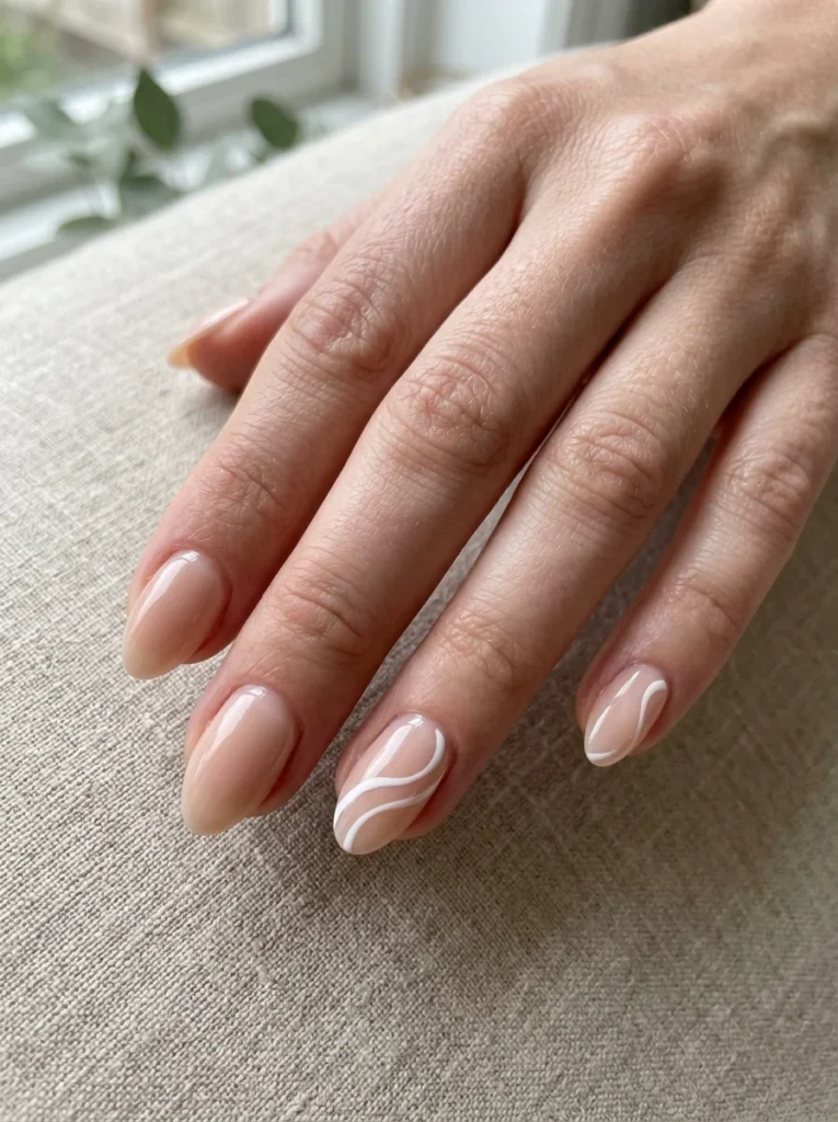 White Swirl Short Almond Nails