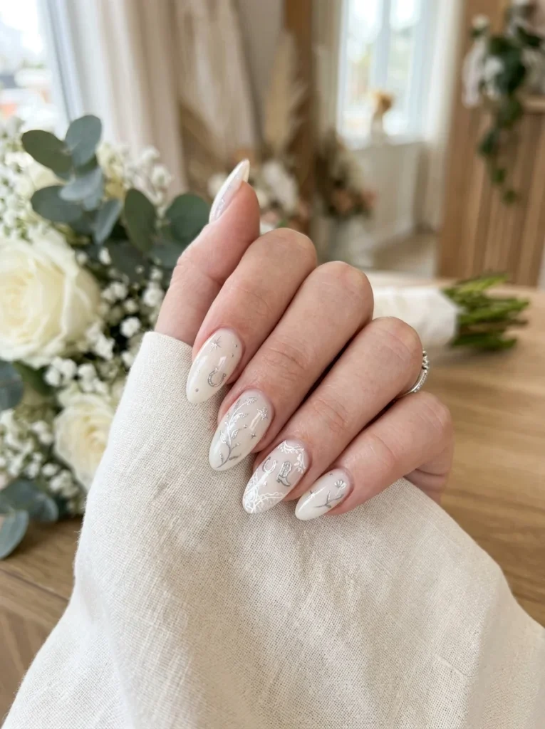 White Western Wedding Nails